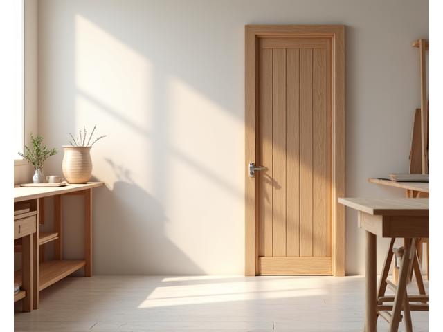 A bright, unvarnished wooden door panel in a modern, minimalistic setting, indicating clean, natural finishes and healthy indoor air.